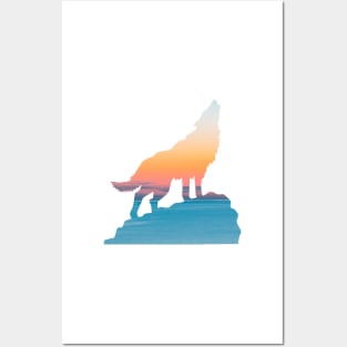 Sunset howling wolf Posters and Art